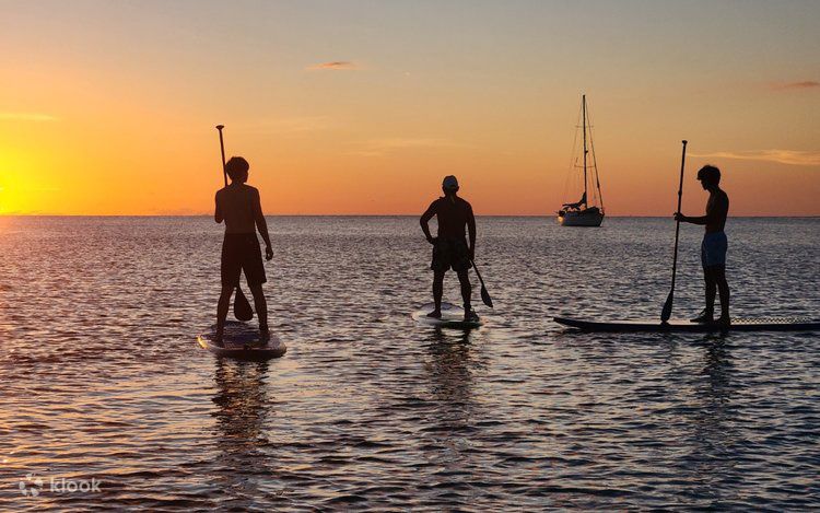 Drei Personen auf Stand-up-Paddleboards vor der Küste bei Sonnenuntergang